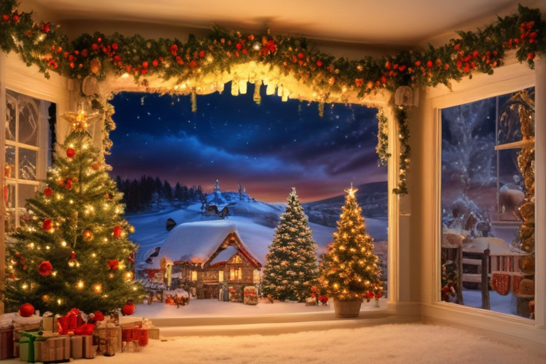 A Cozy Christmas Scene with Festive Decorations and Snowy Landscape Outside