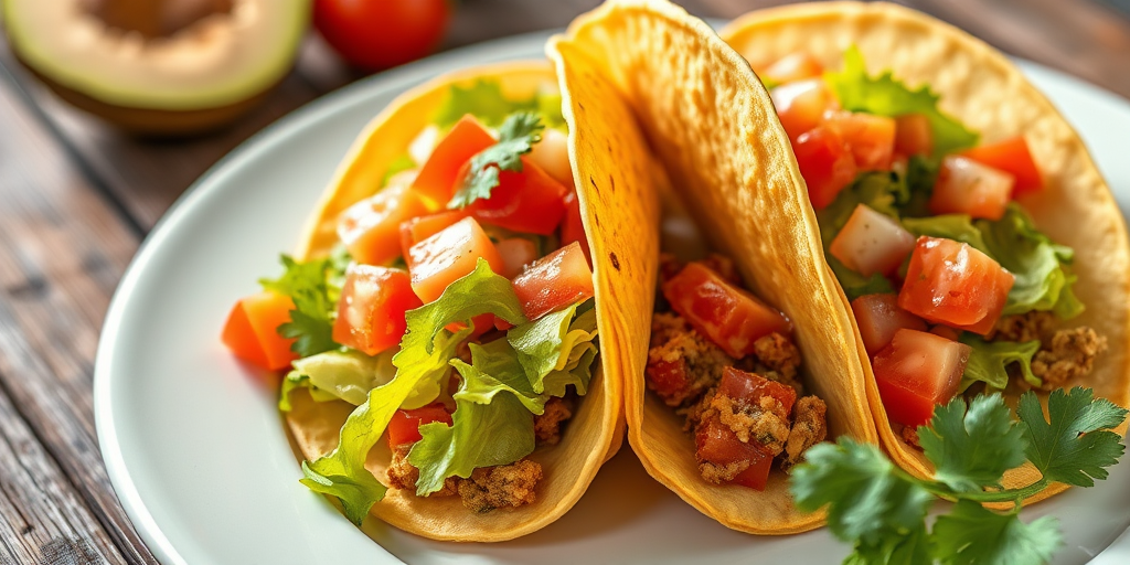 Create a detailed illustration of two delicious tacos filled with colorful ingredients like lettuce, tomatoes, and salsa on a plate, using a DSLR camera with a 50mm lens, aperture set to f/2.8, shallow depth of field, natural lighting to enhance colors and textures, and a top-down view to capture the vibrant details.
