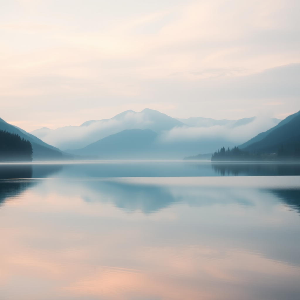tranquil lake landscape with misty mountains in the background, soft pastel colors, high resolution, f/11 aperture, 24mm lens, ISO 100, sunrise lighting, DSLR camera