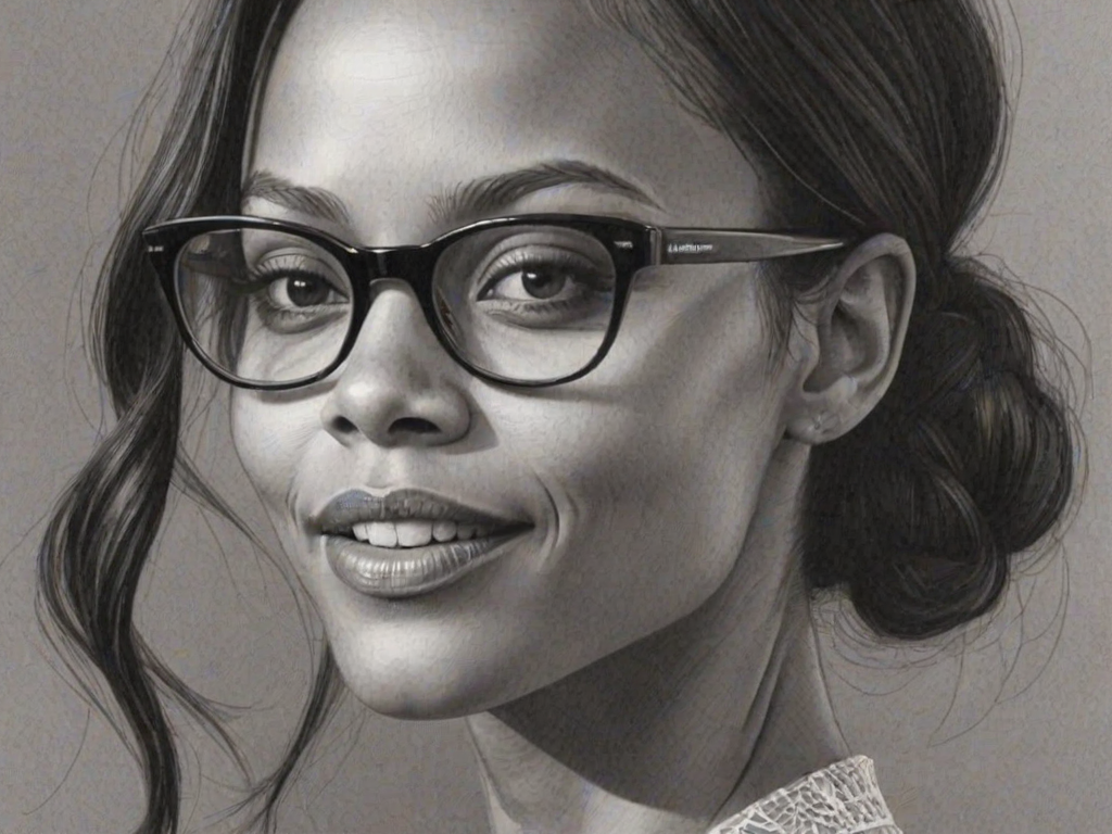 Fascinating Zoe Saldana, pencil sketch, portrait of Ravishing woman 1957s in glasses, hair style beatnik, outline, clear lines, fine lines, 8k