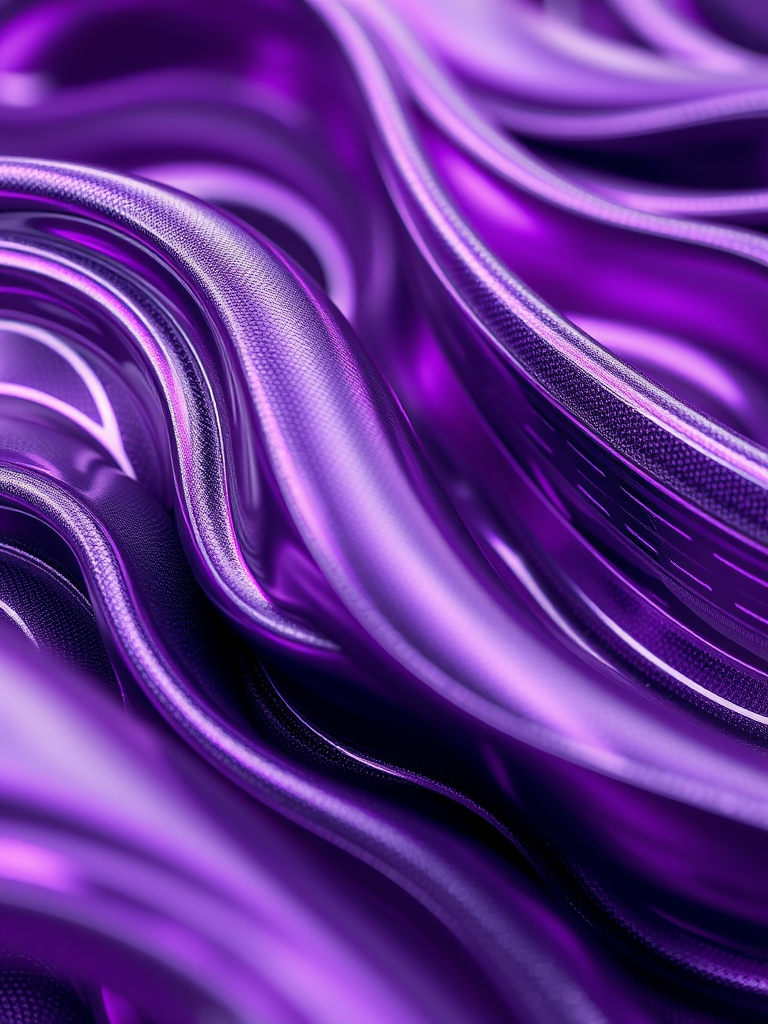 create an abstract texture of flowing metallic waves in shades of deep purple and silver, captured with a Canon EOS R5 at f/8, ISO 100, 1/60 sec under natural light, using a macro lens for close-up detail and a soft focus background to enhance depth