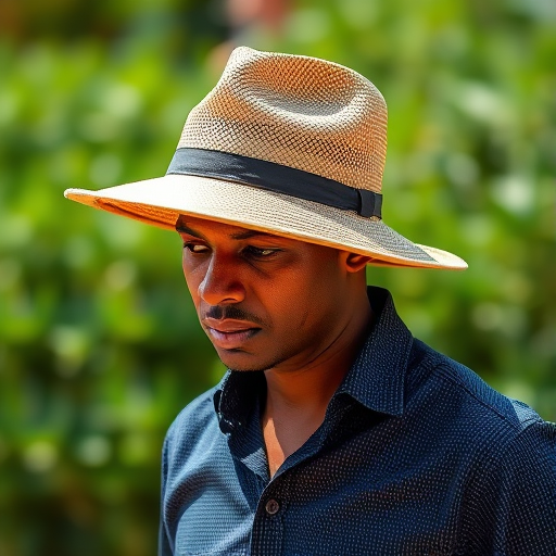 Create a high-resolution image of a person wearing a hat and a textured shirt, captured with a 50mm lens at f/1.8, ISO 100, in natural light, using a DSLR camera from a slightly elevated angle for a dynamic perspective.