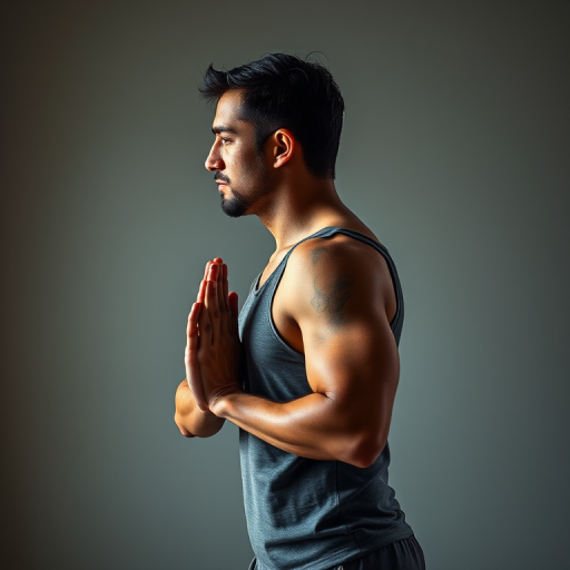 Generate a high-resolution image of a man in a yoga pose, side profile view, captured with a DSLR camera at f/2.8 aperture, ISO 100, 1/200s shutter speed, using a soft light source to enhance details and colors.