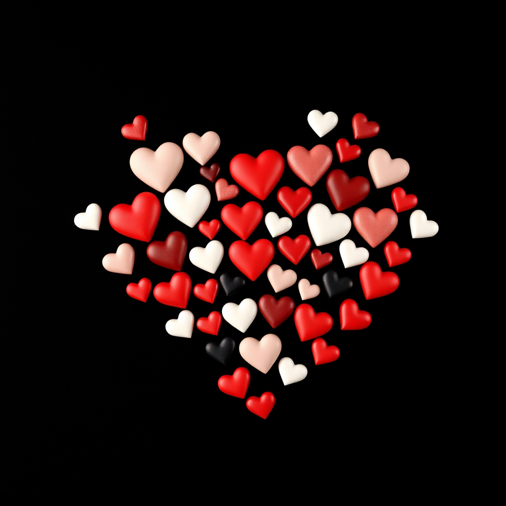 Create an image of a heart composed of various small hearts in red, white, and black on a solid black background, using a high-resolution digital camera, aperture f/2.8, shutter speed 1/200s, 50mm lens, and a shallow depth of field for enhanced detail and clarity.