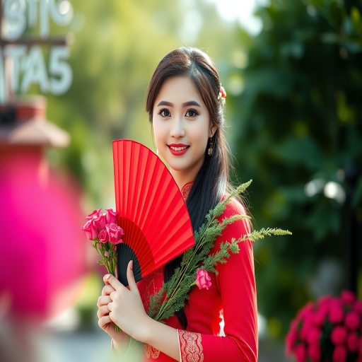 portrait of a young woman in traditional red dress holding a fan and bouquet in a lush outdoor setting, soft focus background, natural lighting, camera settings: f/2.8 aperture, 1/200s shutter speed, ISO 100, camera view: eye level, camera style: shallow depth of field, camera type: DSLR