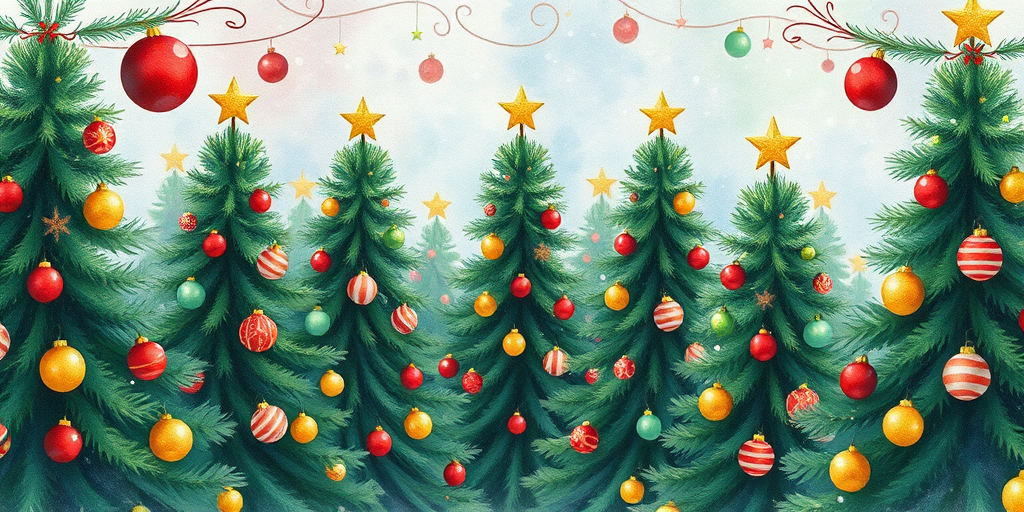 Create a vibrant watercolor illustration of a festive Christmas scene with multiple evergreen trees adorned with colorful baubles in red, green, and gold, featuring star toppers, using a Canon EOS R5 camera at f/8 aperture, ISO 100, 1/250s exposure, shot from a wide angle perspective to capture the entire scene with enhanced detail and clarity.