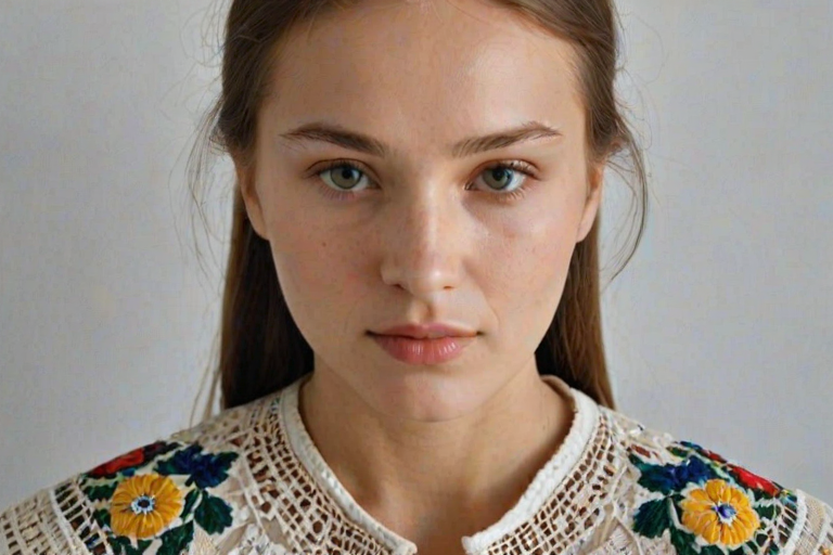 Face, shoulders, chest covered in openwork Ukrainian embroidery. Raw, unedited image.