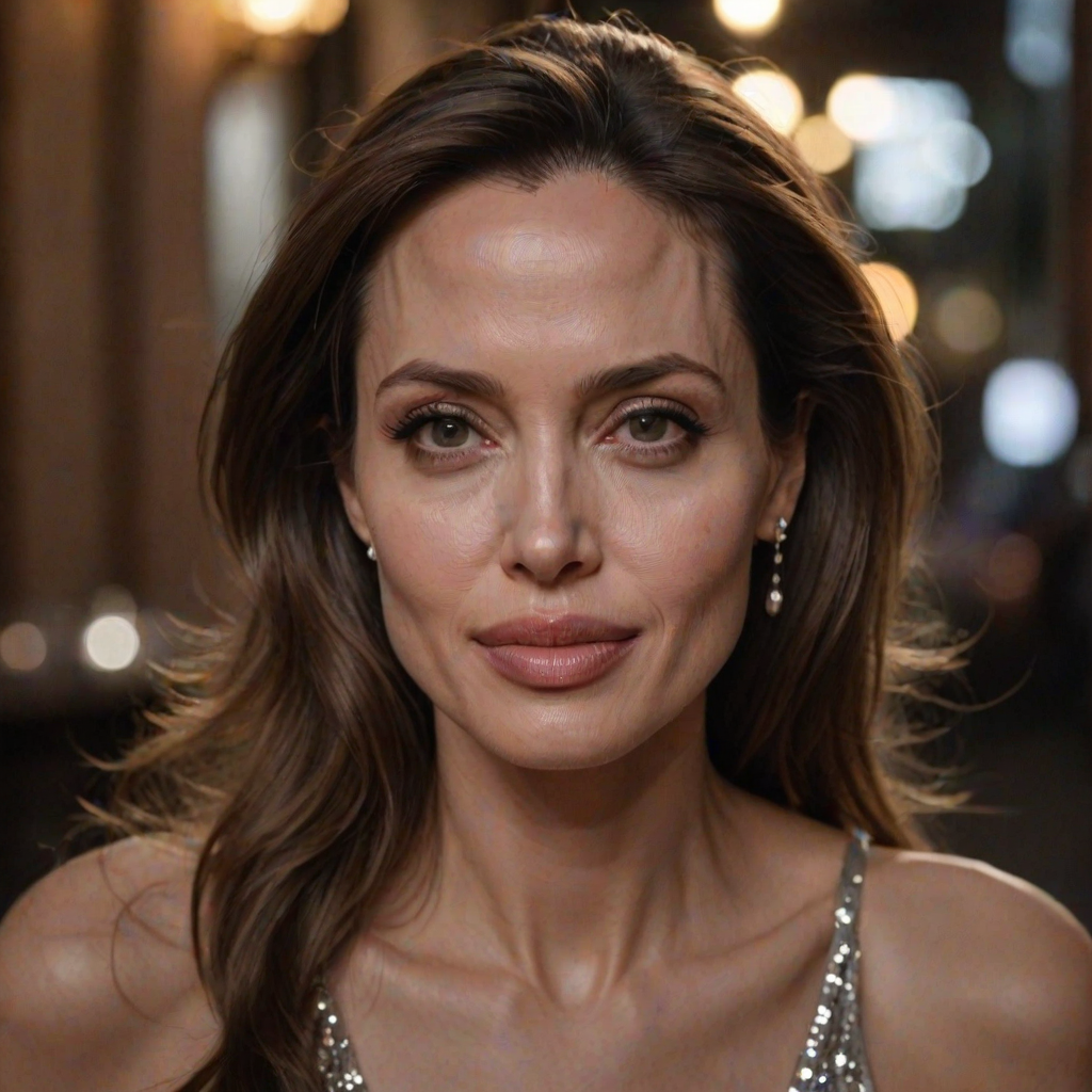photo of [woman:angelina jolie:0.2], highlight hair, sitting outside restaurant, wearing dress, rim lighting, studio lighting, looking at the camera, dslr, ultra quality, sharp focus, tack sharp, dof, film grain, Fujifilm XT3, crystal clear, 8K UHD, highly detailed glossy eyes, high detailed skin, skin pores