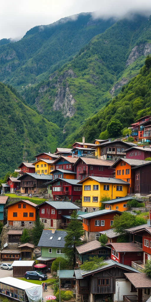 Capture a vibrant mountain village with colorful wooden houses nestled against steep green hills, using a DSLR camera with a 24mm lens, aperture set to f/8 for depth of field, ISO 100 for clarity, and a high dynamic range to enhance textures in the buildings and surroundings.