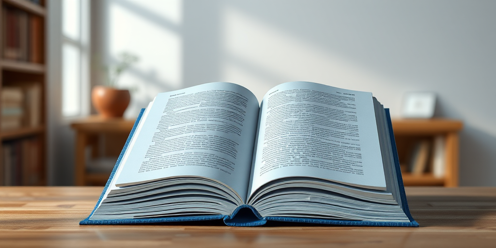 illustration of a blue closed book with textured cover and visible pages in a well-lit environment, shot from a slightly elevated angle using a DSLR camera at f/2.8 aperture, ISO 100, 50mm lens, soft lighting for enhanced detail and depth.