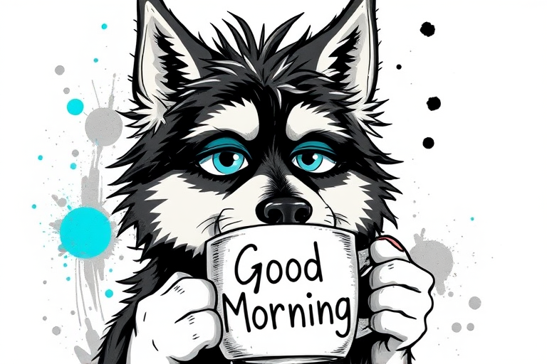 A quirky, artistic illustration of a disheveled alaskan irish setsky with exaggerated, large eyes and spiky fur, holding a coffee mug that reads "Good Morning". The dog has a tired but humorous expression, with ink splatters and abstract details surrounding it, giving a whimsical feel to the image. The color palette is mostly monochrome with hints of cyan in the eyes and steam rising from the mug, enhancing the overall sleepy vibe