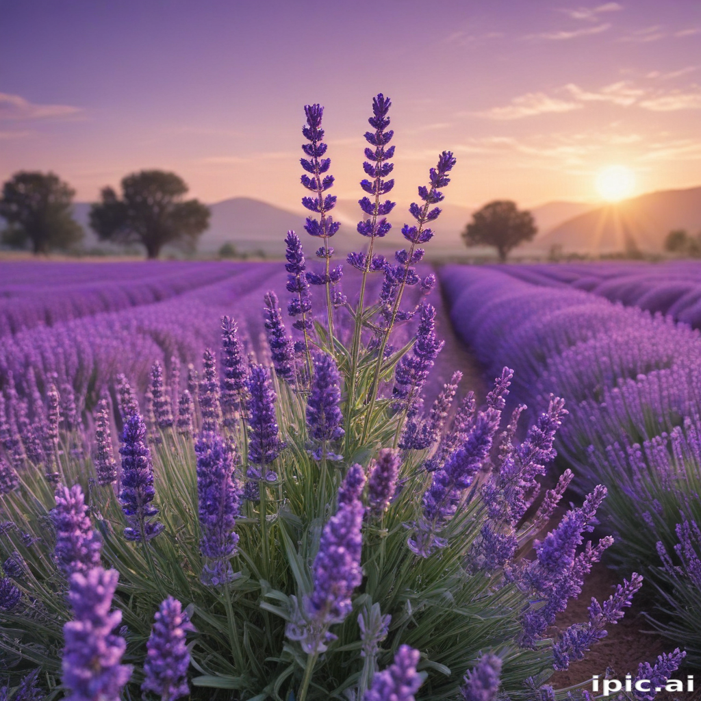 Sunset Over Lavender Fields: A Serene Floral Landscape in Bloom