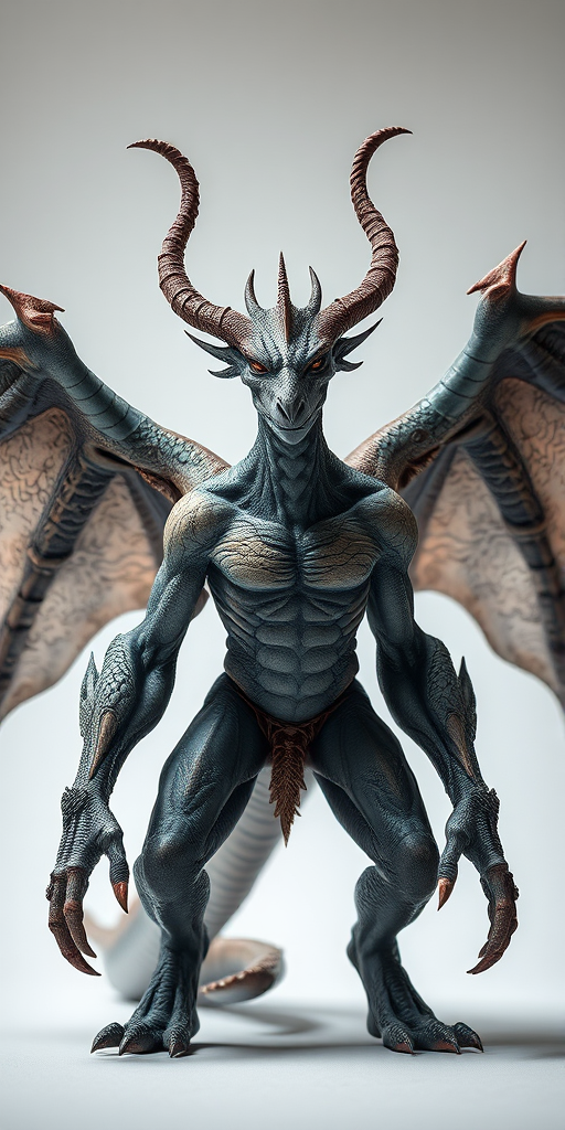 a fantasy creature resembling a dragon-human hybrid with intricate details, prominent horns, large wings, and a muscular build, shot in high resolution with a Canon EOS R5, 50mm lens, f/1.8 aperture, soft lighting from a low angle, minimalist background, focus on the creature's features and textures