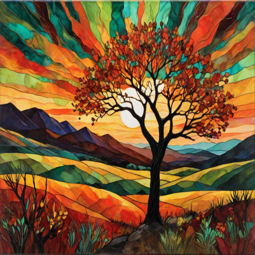 A vibrant abstract painting on Tiffany Glass, blending acrylic and alcohol ink techniques, captures a dramatic sunset over rolling hills. The artwork features a textured, rocky foreground in green and brown, layered abstract hills, and a striking sunset in rich oranges, yellows, and reds. A solitary black tree with intricate branches contrasts against the fiery sky, creating a dynamic and expressive portrayal of a breathtaking natural scene.