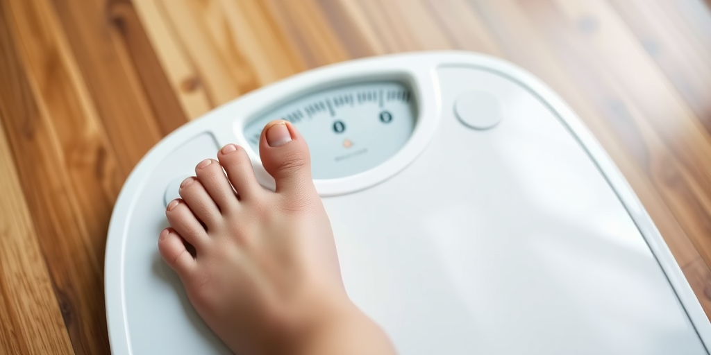 Create an image of a weight scale with footprints on it, shot in close-up using a DSLR camera at f/2.8 aperture, ISO 100, with a shallow depth of field to focus on the scale, in natural lighting.