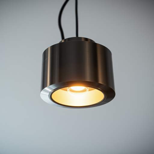 Generate a high-resolution image of a modern pendant light fixture hanging from the ceiling, featuring a sleek metallic design and a warm circular glow beneath it, captured with a DSLR camera at 50mm focal length, f/2.8 aperture, ISO 100, and natural light to emphasize the light's warmth and shadows.