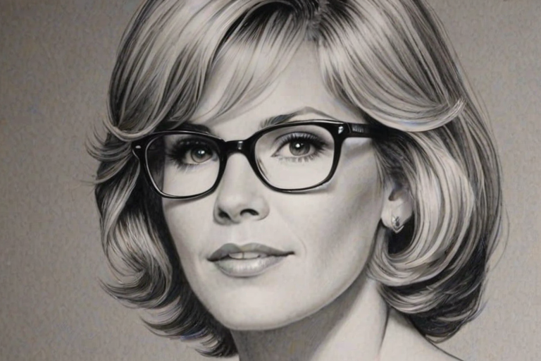 Gorgeous Debby Boone, pencil sketch, portrait of Attractive woman 1951s in glasses, hair style beatnik, outline, clear lines, fine lines, 8k