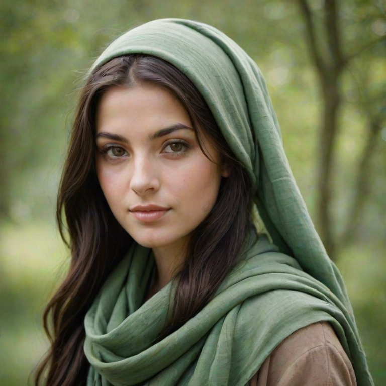 Create a portrait of a young Georgian woman with long, dark hair and captivating hazel eyes. She is wearing a green headscarf and a matching scarf draped gracefully around her neck. The background is softly blurred, focusing attention on her serene and natural expression. The overall color palette is muted and warm, enhancing the intimate and authentic feel of the portrait.