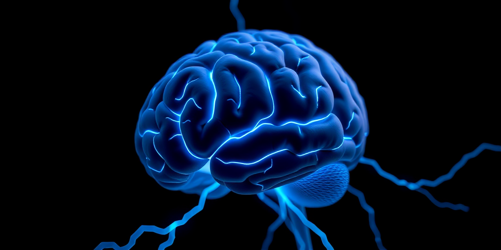 highly detailed 3D render of a human brain illuminated with electric blue lightning bolts against a black background, shot with a Canon EOS R5, f/2.8 aperture, 1/125 sec shutter speed, ISO 100, macro lens for close-up detail.