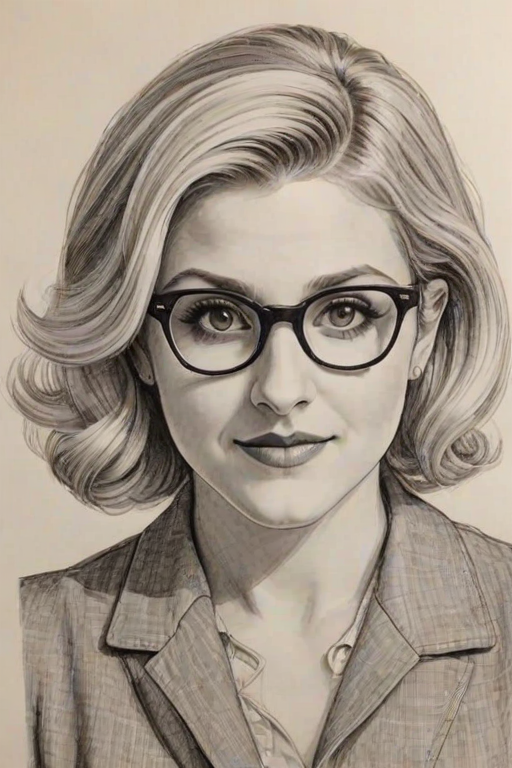 Comely Annaleigh Ashford, pencil sketch, portrait of Fascinating woman 1955s in glasses, hair style beatnik, outline, clear lines, fine lines, 8k