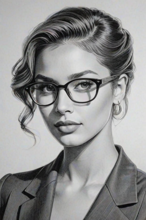 Attractive Ciara, pencil sketch, portrait of Elegant woman 1942s in glasses, hair style beatnik, outline, clear lines, fine lines, 8k