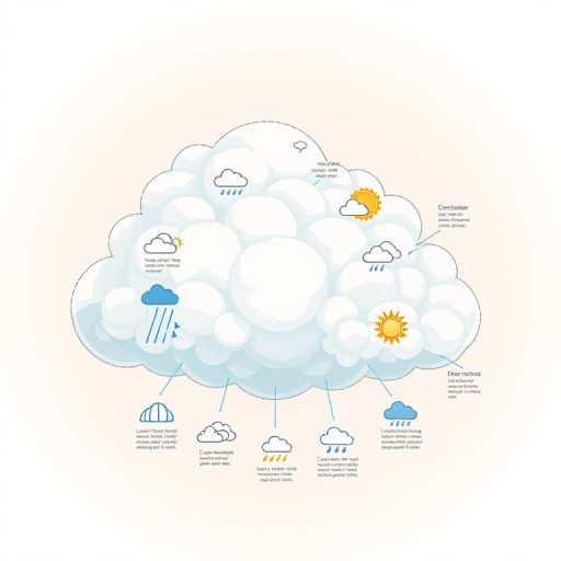 Create a detailed infographic representing various weather conditions within a large cloud, using a high-resolution digital illustration style, with a zoomed-in perspective, ensuring vibrant colors and clear icons for each weather type, shot with a digital camera at f/8 aperture, ISO 100, and 1/250s shutter speed.