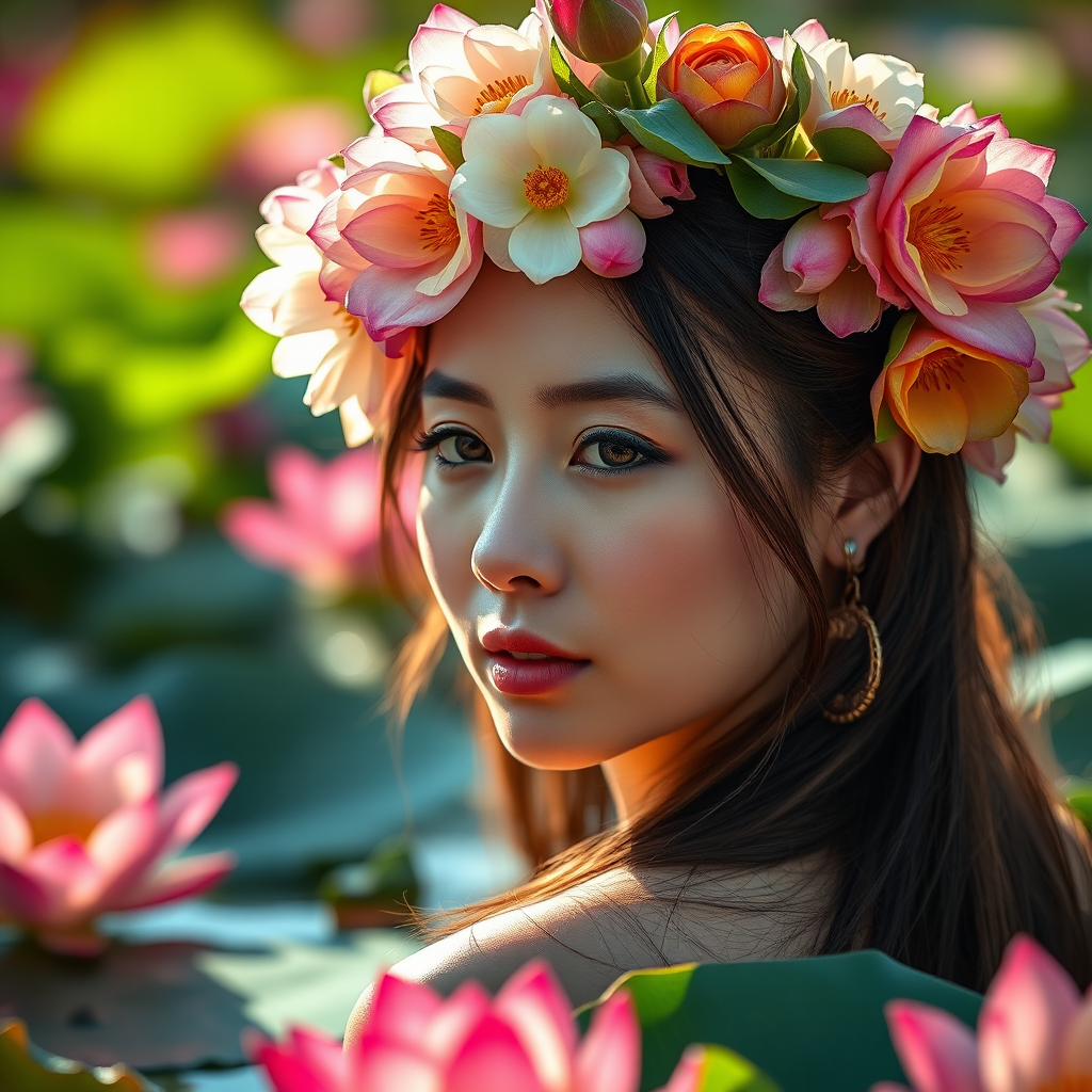 portrait of a serene woman with a floral headdress in a lotus pond surrounded by vibrant flowers, soft lighting, shallow depth of field, Canon EOS R5, 85mm lens, f/1.4, ISO 100, 1/200s, natural light, high resolution