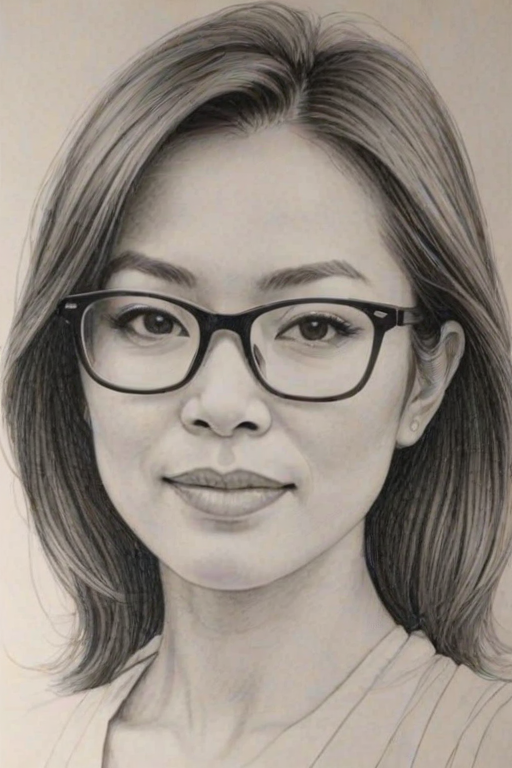 Captivating Ming-Na Wen, pencil sketch, portrait of Enchanting woman 1964s in glasses, hair style beatnik, outline, clear lines, fine lines, 8k