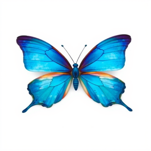 Generate an image of a vibrant blue butterfly with large wings, showcasing a gradient from deep blue to turquoise. The butterfly should be centered against a plain white background, emphasizing its intricate wing patterns and delicate antennae.