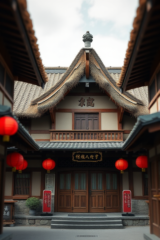 create a highly detailed 3D rendering of a traditional Japanese house with a thatched roof, wooden beams, stone accents, and red lanterns, using a DSLR camera with a 50mm lens, aperture set to f/4 for sharp foreground and blurred background, shot from a low angle perspective to emphasize height and structure, cinematic style for rich colors and lighting