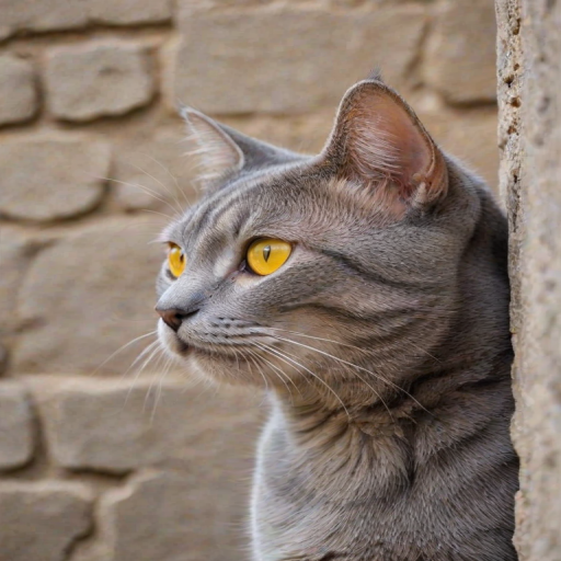 a close-up profile of a gray cat with vivid yellow eyes peeking from behind a wall, soft focus background