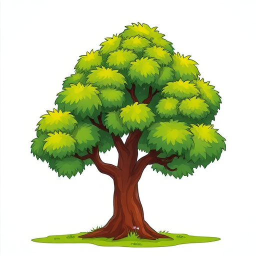 Generate a vibrant cartoon-style tree with lush green foliage and a brown trunk on a bright background, using a DSLR camera with a 50mm lens, f/2.8, ISO 100, shot from a low angle to emphasize height and detail.