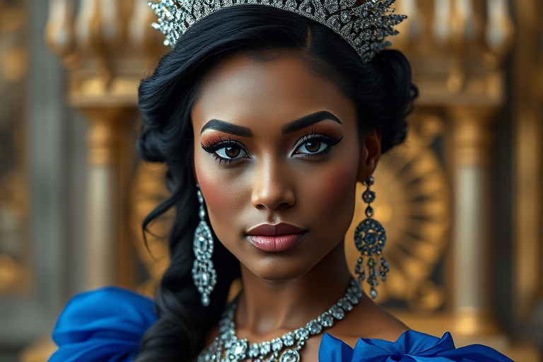 A gorgeous Maori woman in a luxurious blue gown, accessorized with a dazzling tiara and statement earrings, her deep black eyes highlighted by impeccable makeup, poised in a royal setting, photorealistic, 8K quality