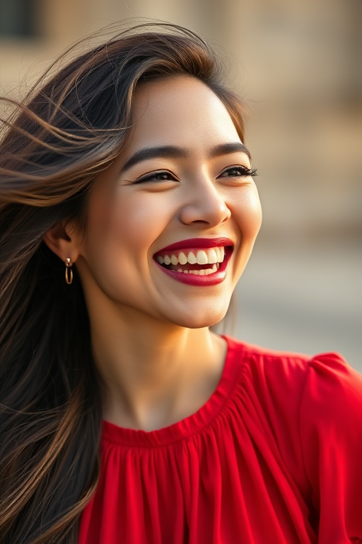 a joyful woman laughing with flowing hair, vivid red dress, natural lighting, high-resolution, portrait mode, 85mm lens, f/1.8 aperture, ISO 100, shallow depth of field, soft focus background