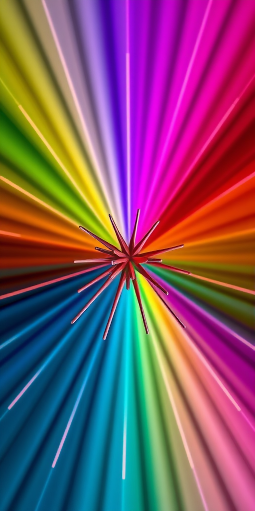 Generate a high-resolution image of a colorful radial gradient with sharp, dynamic spikes radiating from the center, using a Canon EOS R5 with a 50mm lens at f/8, ISO 100, and a high dynamic range setting for enhanced color saturation and detail.
