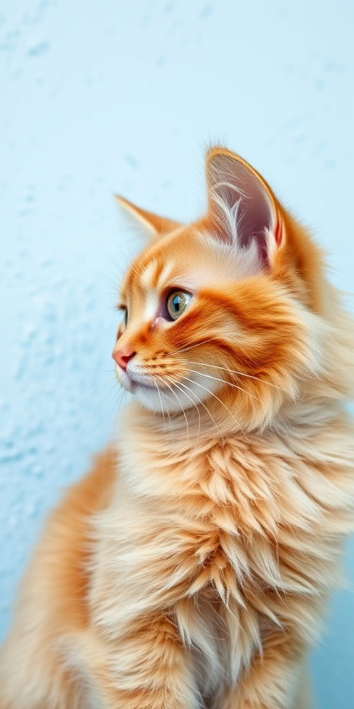 Capture a close-up profile shot of a fluffy orange cat against a light blue textured wall, using a DSLR camera with a 50mm lens, aperture set to f/1.8, ISO 200, and shutter speed of 1/200 sec, focusing on the cat's fur details and eye reflections.
