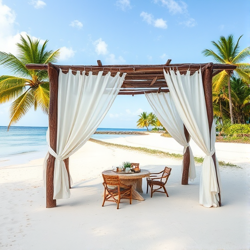Create a picturesque tropical beach scene featuring a serene, white sandy shore. In the foreground, there's a rustic wooden canopy with white drapes gently flowing in the breeze. Underneath the canopy, a table is set with tropical decor, evoking a sense of relaxation and leisure. The beach extends into a calm, shallow water area with reflections of the sky and surroundings. Palm trees and lush greenery line the edge of the beach, providing a natural, tropical backdrop. The sky is clear with a few scattered clouds, and the overall atmosphere is tranquil and inviting, perfect for a peaceful retreat.