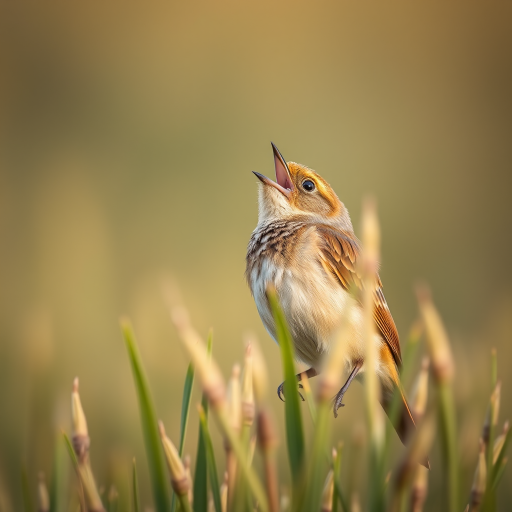 Capture a close-up of a singing bird perched on tall grass, using a Canon EOS 5D Mark IV, 85mm lens, aperture f/2.8, ISO 200, shutter speed 1/400s, natural light, shallow depth of field for a blurred background, and vibrant colors.