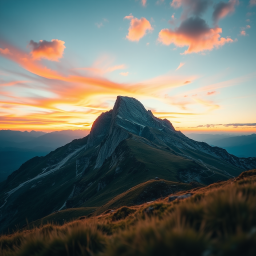 Generate a high-quality image of a serene mountain landscape during sunset with vibrant colors, 35mm lens, aperture f/8, ISO 100, shot from a low angle for dramatic perspective, DSLR camera.