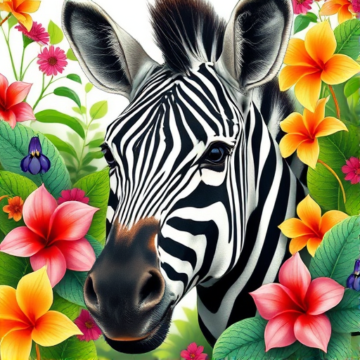 Create a detailed illustration of a zebra's head surrounded by vibrant flowers and lush green leaves, using a macro view with a DSLR camera set to f/2.8 aperture, 50mm lens, natural lighting, and high saturation for vivid colors to enhance depth and texture.
