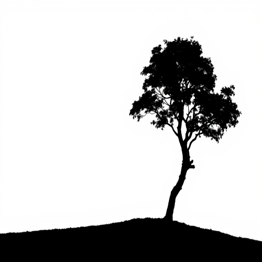 Create a high-quality image of a minimalist black silhouette of a tree against a white background, using a DSLR camera with a 50mm lens, aperture set to f/8, ISO 100, and a focus on the silhouette, ensuring a clean and crisp contrast between the tree and background.