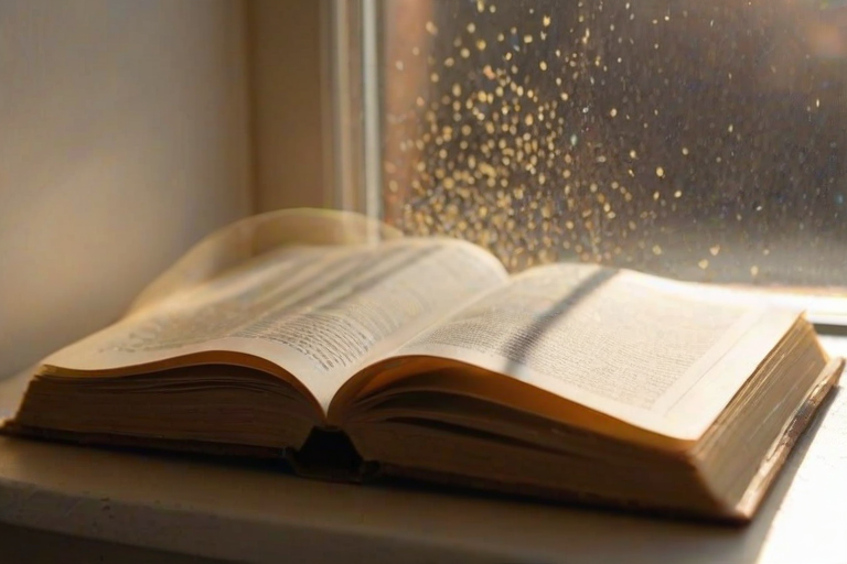 Softly lit close-up of a book lying open on a windowsill, pages gently turning in the breeze, with soft golden light streaming through the window and dust particles dancing in the sunlight.