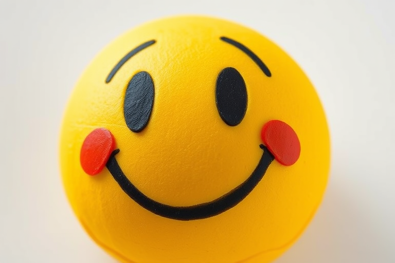 Create a high-resolution image of a smiling yellow emoticon with hand-drawn features, using a DSLR camera, aperture f/2.8, ISO 100, and a 50mm lens, in a close-up view with soft lighting to enhance the texture and colors.