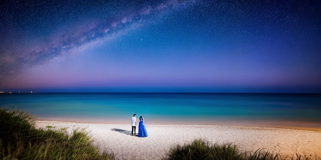 a beach at night with a starry sky and a couple in love