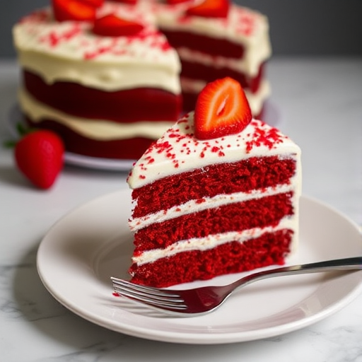 A delicious slice of red velvet cake with layers of cream cheese frosting topped with fresh strawberries and red crumbs served on a white plate with a fork beside it and a larger cake in the background on a marble surface.