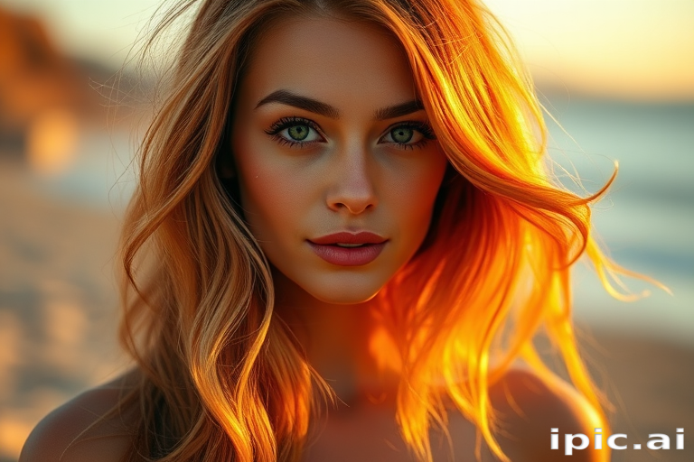 Stunning portrait of a woman with Sunset Ombre hair, flowing from deep orange to pale yellow, styled in loose beach waves cascading over her shoulders, reflecting golden hour light