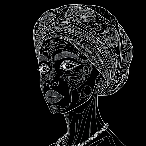 Create a highly detailed line art portrait of a person with intricate patterns on their headgear, set against a solid black background, using a Canon EOS R5 camera, 50mm lens, f/1.8 aperture, ISO 100, 1/125 sec shutter speed, and a soft focus effect to enhance depth and contrast.