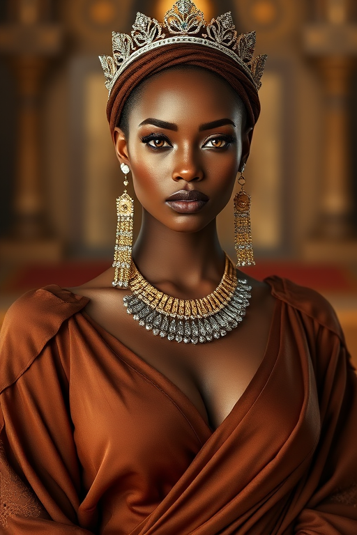 A gorgeous Tuareg woman in a luxurious brown gown, accessorized with a dazzling tiara and statement earrings, her deep orange eyes highlighted by impeccable makeup, poised in a royal setting, photorealistic, 8K quality