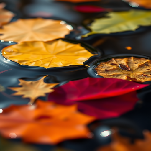 close-up shot of water surface with floating leaves and reflections, vibrant colors, macro lens, f/2.8 aperture, ISO 100, 1/200 sec shutter speed, natural light, DSLR camera