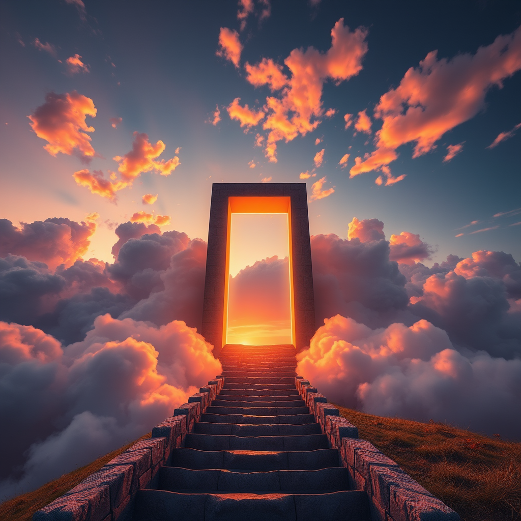 Create a surreal scene of a glowing rectangular portal surrounded by fluffy clouds at sunset, featuring a stone staircase leading up to it, with camera settings of f/8, ISO 100, shutter speed 1/125s, in a wide-angle view using a DSLR camera in vibrant colors and high dynamic range.